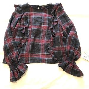 Zara Cropped Plaid Ruffle Fromt Blouse